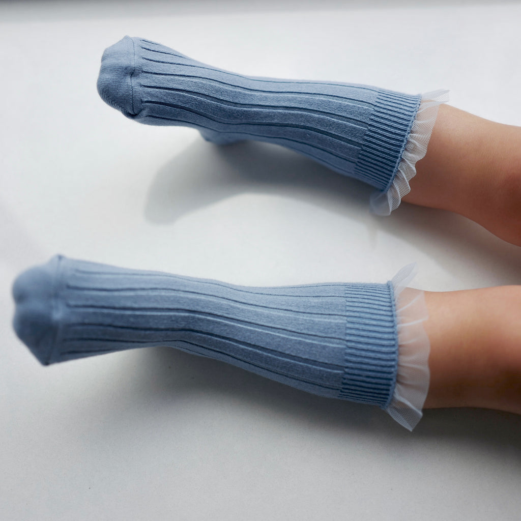 Manon - Ribbed Knee High Socks with Tulle (Bleu Azur)