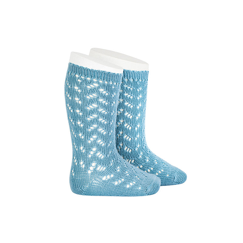 Warm Cotton Openwork Knee Socks (Cloud Blue) - Happy Milk
